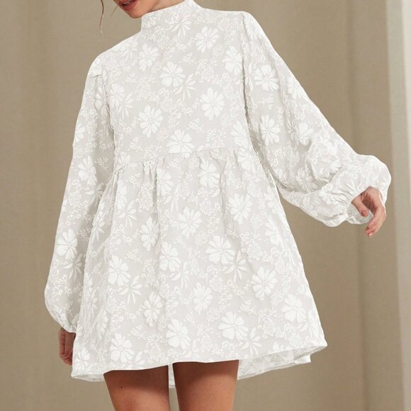 White Elegant Women's Textured Floral Lantern Sleeve A-Line Mini Skirt - Picture 5 of 6